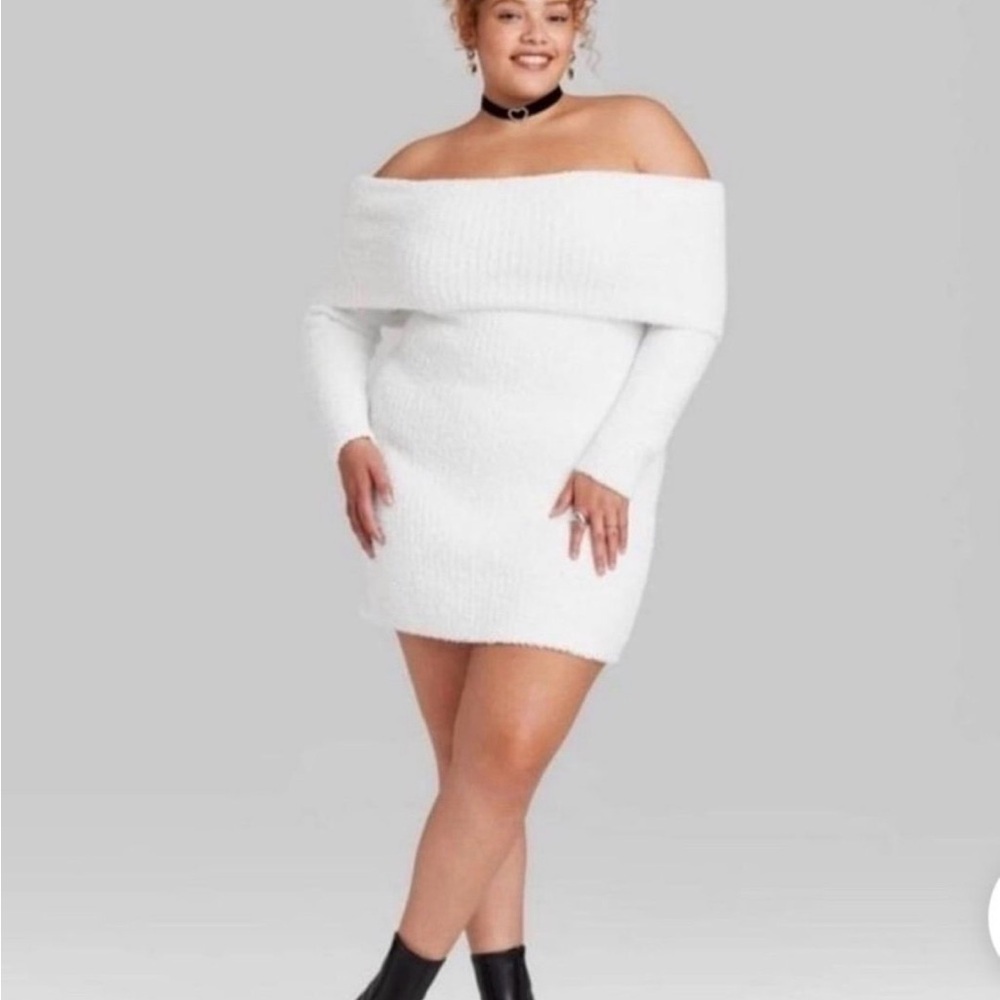 wild fable Off-the-Shoulder White Knit Sweater Dress